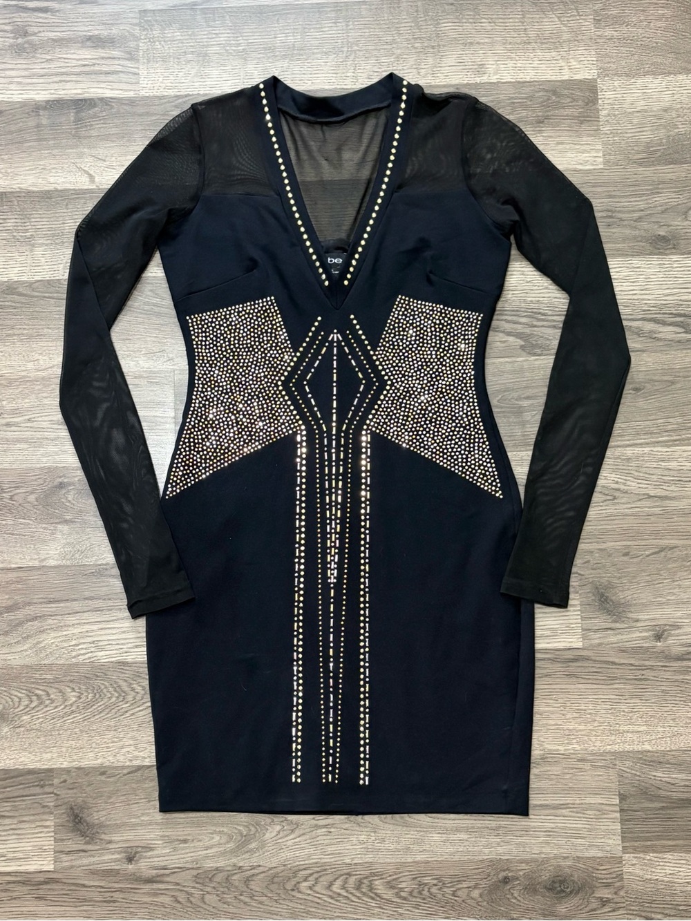 Y2K Bebe Beaded Bodycon Dress with Mesh Sleeves in Black Size XS